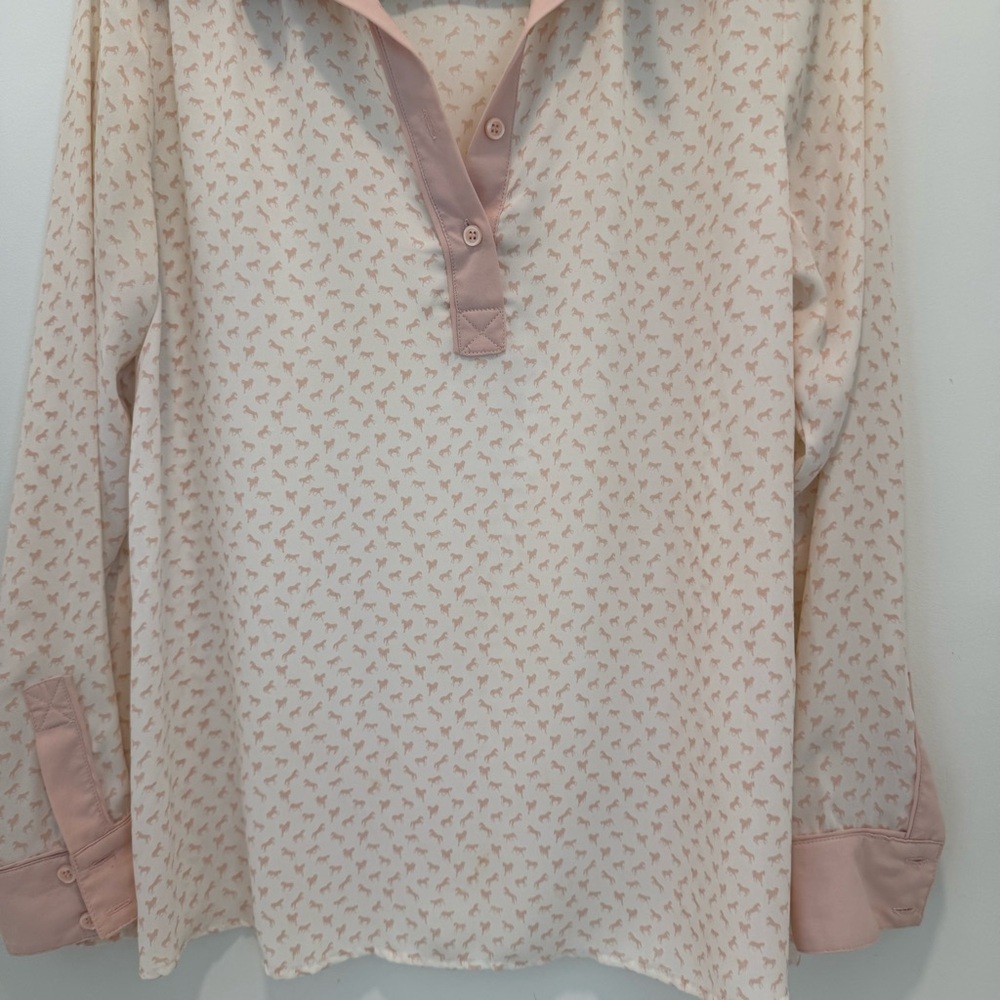 Free People White & Pink Horse Print Button Up Long Sleeve Sheer Blouse XS - Picture 4 of 10